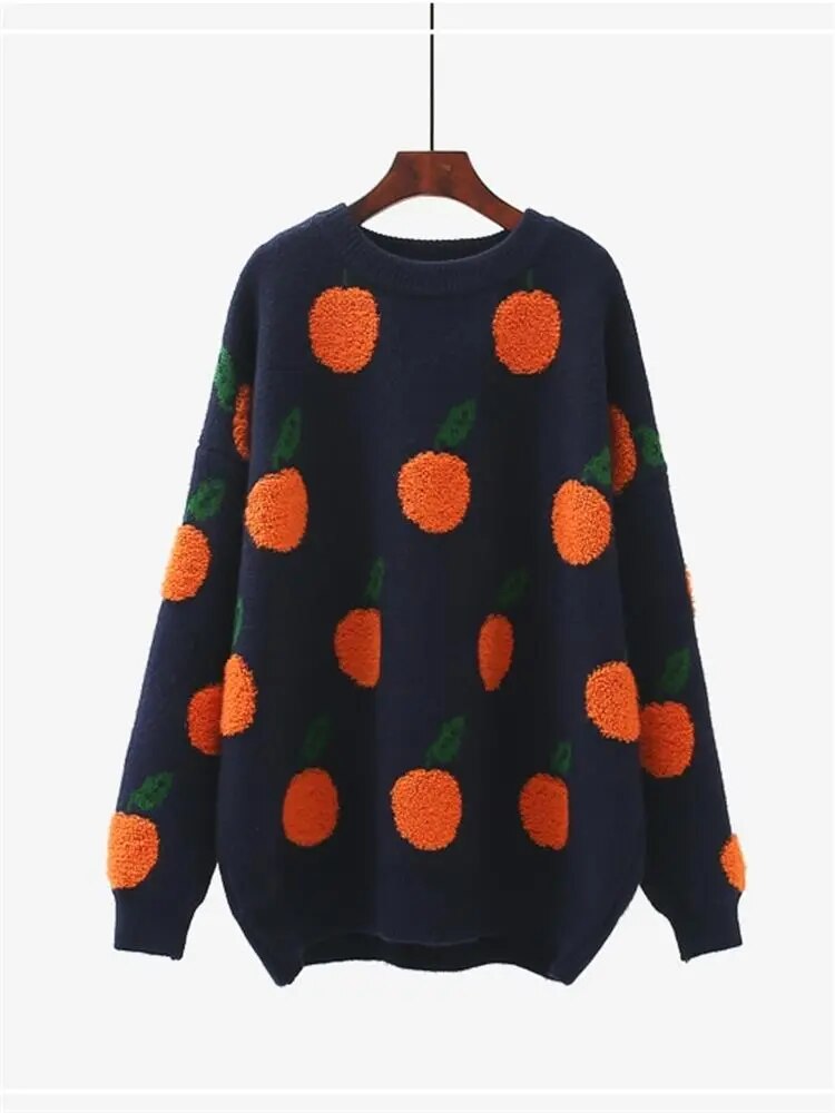 H.SA 2022 Winter Sweater Pullover Women Cute Fruit Sweater Pull Jumpers Orange Apple Printed Korean Tops Oversized Jumpers