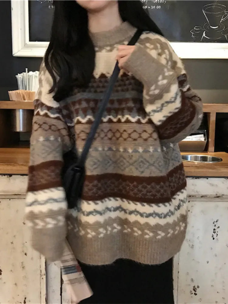 H.SA 2022 Women Vintage Sweater Pullover Knit Jumpers Loose Striped Pull Jumpers Korean Style Knitwear Casual Top Argyle Sweater