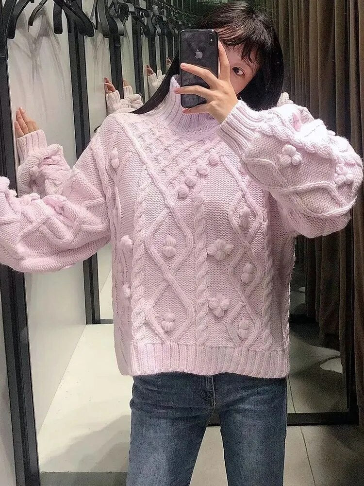 New Fall Winter Women Knit Sweater High Neck Pompom Warm Thicken Chic Pink Women Sweaters Casual Fashion Pullover Tops