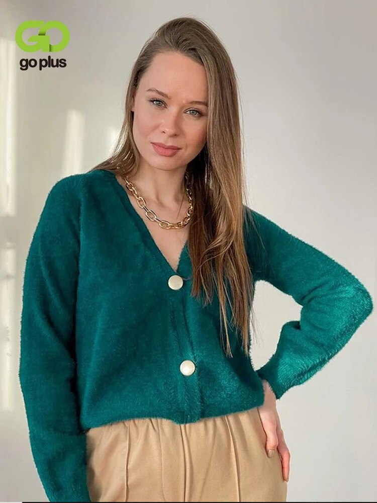 GOPLUS Cardigan Sweater For Women V Neck Sweaters Green Black Cardigans Vrouw Truien Pull Femme Sweter Dames Trui