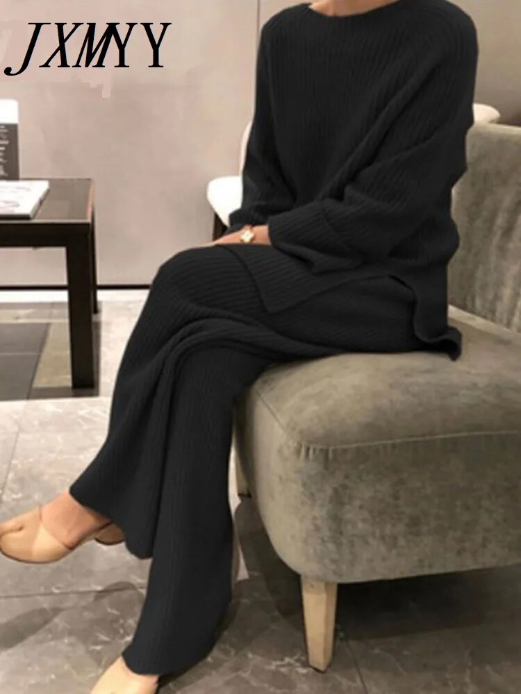 JXMYY 2022 New Fashion Winter Women's Thicken Warm Knitted Pullover Sweater Two-Piece Suits +High Waist Loose Wide Leg Pants Set