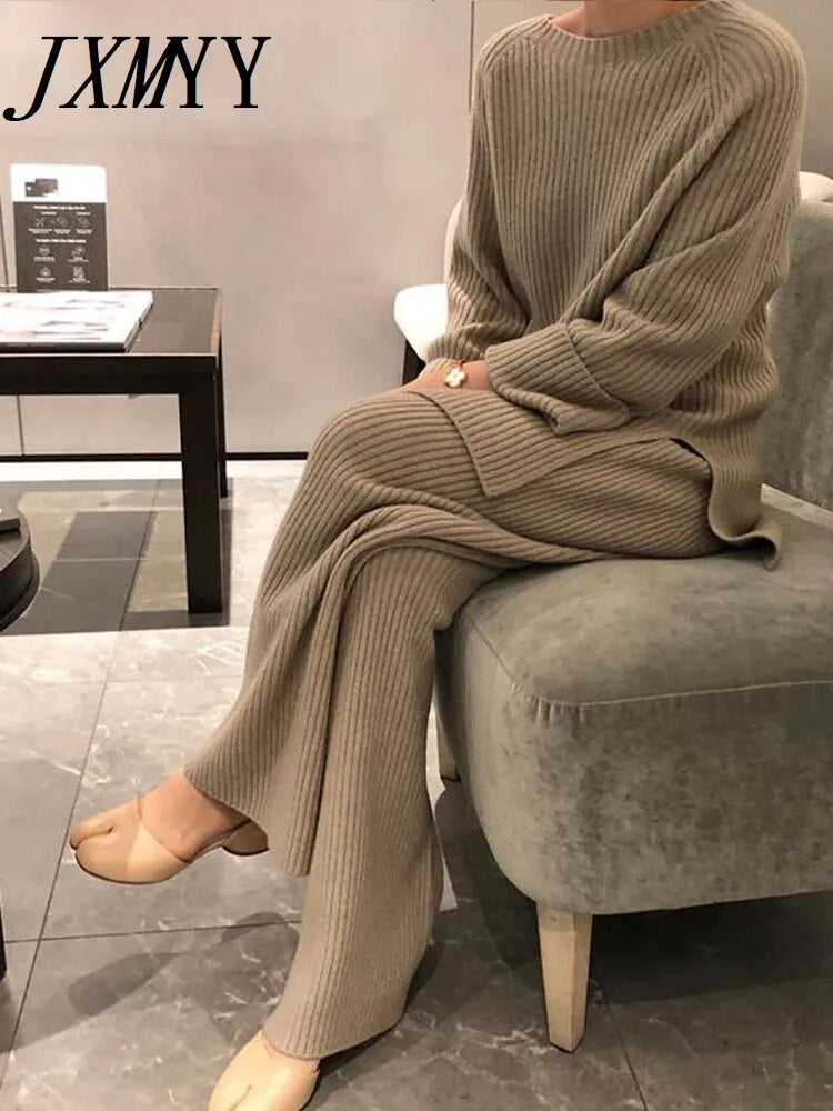 JXMYY 2022 New Fashion Winter Women's Thicken Warm Knitted Pullover Sweater Two-Piece Suits +High Waist Loose Wide Leg Pants Set
