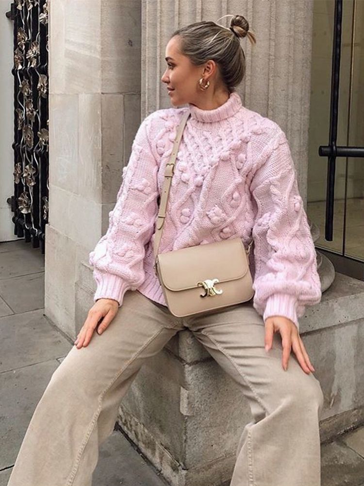 New Fall Winter Women Knit Sweater High Neck Pompom Warm Thicken Chic Pink Women Sweaters Casual Fashion Pullover Tops