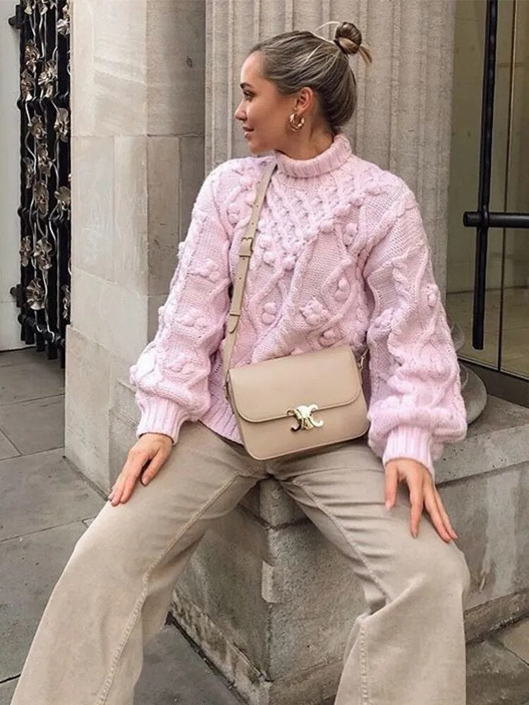 New Fall Winter Women Knit Sweater High Neck Pompom Warm Thicken Chic Pink Women Sweaters Casual Fashion Pullover Tops