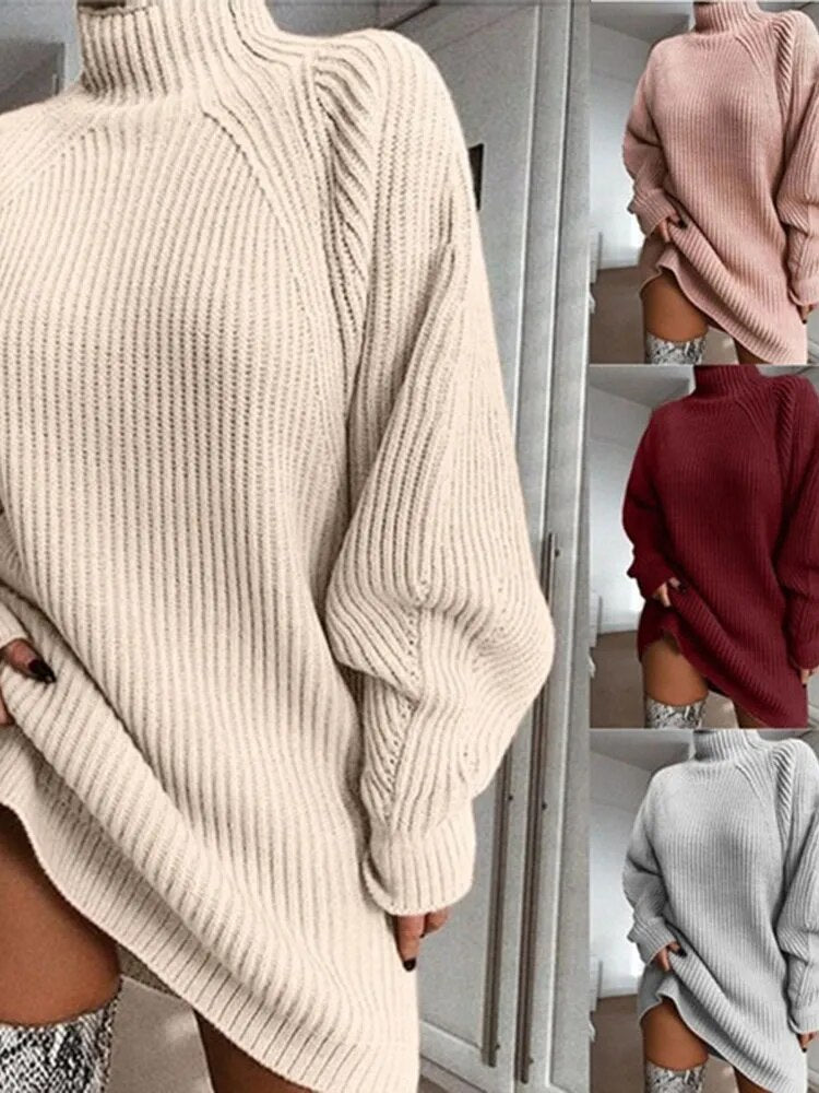 Women Oversized Long Sleeve Casual Elegant Mini Sweater Turtleneck Knitted Dress