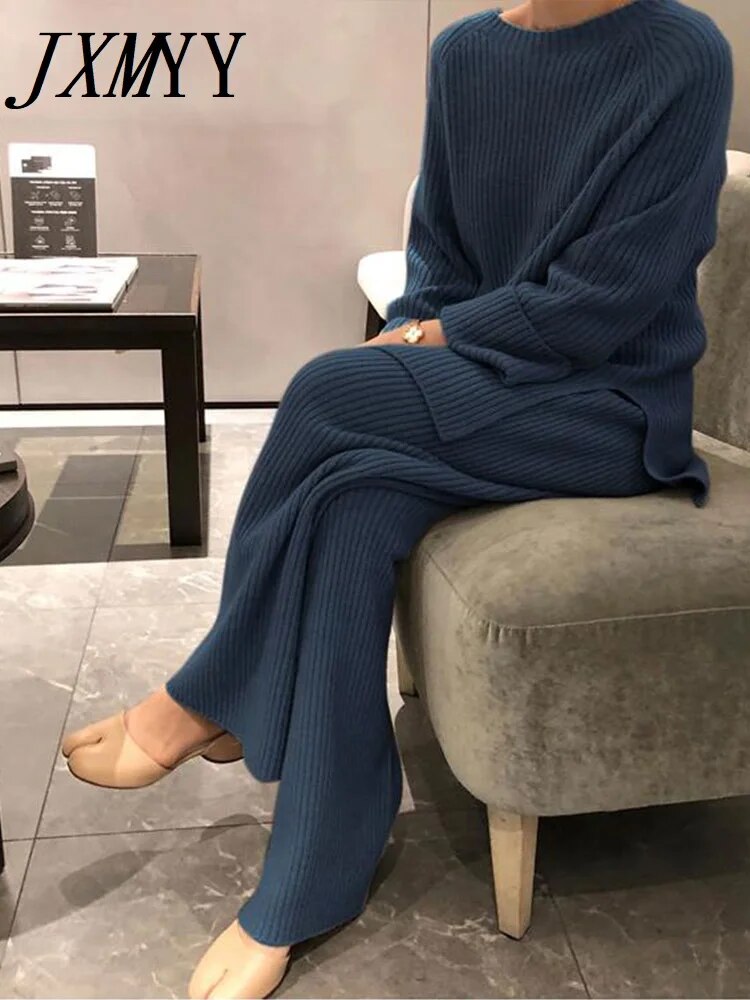 JXMYY 2022 New Fashion Winter Women's Thicken Warm Knitted Pullover Sweater Two-Piece Suits +High Waist Loose Wide Leg Pants Set