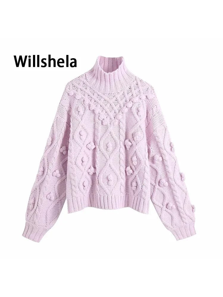 New Fall Winter Women Knit Sweater High Neck Pompom Warm Thicken Chic Pink Women Sweaters Casual Fashion Pullover Tops