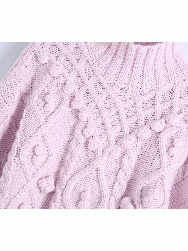 New Fall Winter Women Knit Sweater High Neck Pompom Warm Thicken Chic Pink Women Sweaters Casual Fashion Pullover Tops
