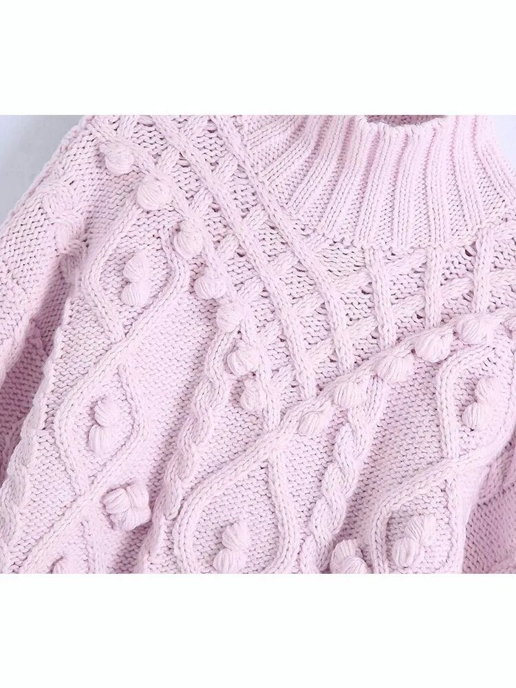 New Fall Winter Women Knit Sweater High Neck Pompom Warm Thicken Chic Pink Women Sweaters Casual Fashion Pullover Tops