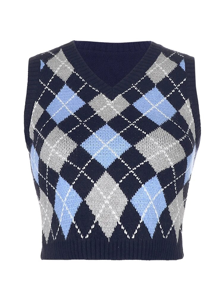 HEYounGIRL V Neck Vintage Argyle Sweater Vest Women Black Sleeveless Plaid Knitted Crop Sweaters Casual Autumn Preppy Style