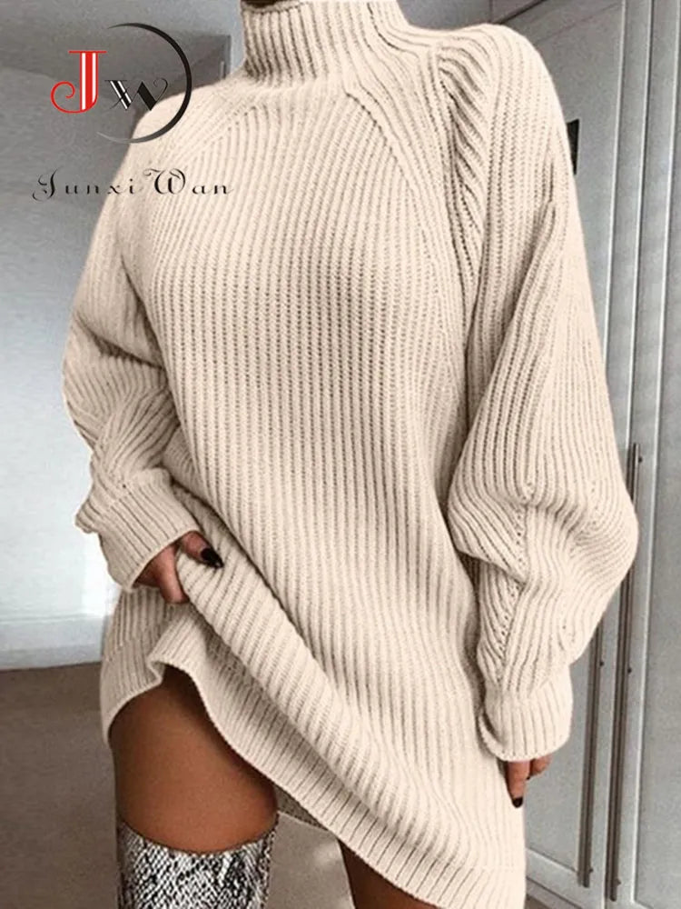 Women Oversized Long Sleeve Casual Elegant Mini Sweater Turtleneck Knitted Dress