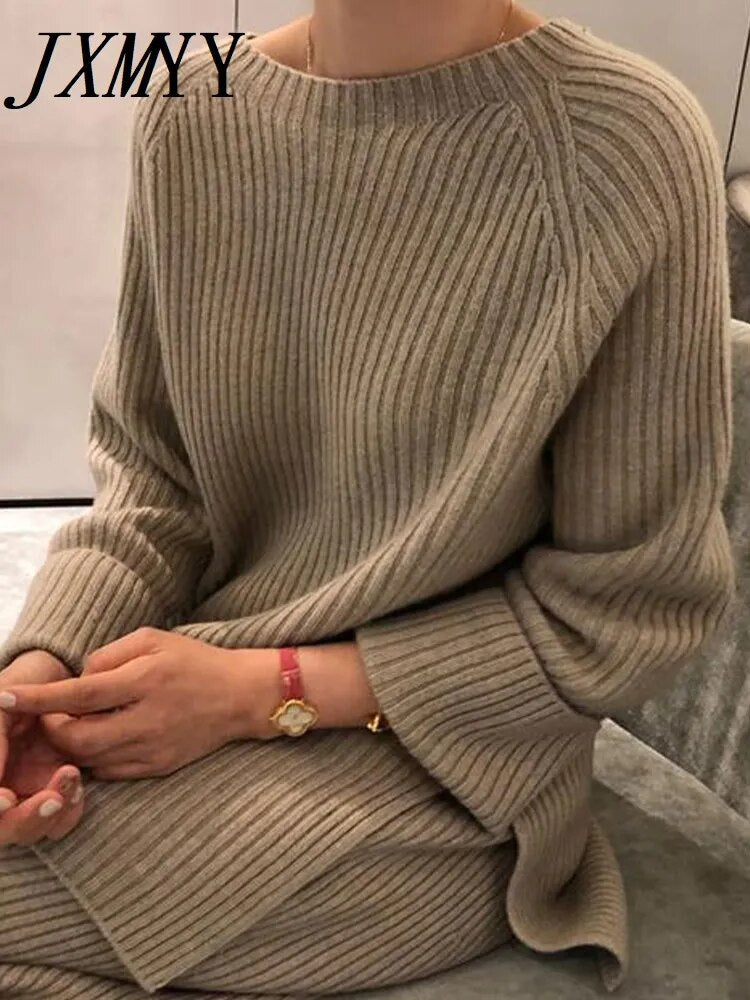 JXMYY 2022 New Fashion Winter Women's Thicken Warm Knitted Pullover Sweater Two-Piece Suits +High Waist Loose Wide Leg Pants Set