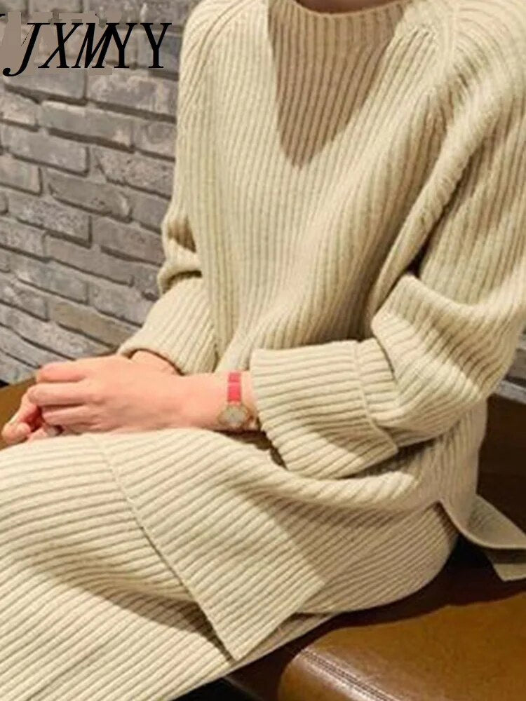 JXMYY 2022 New Fashion Winter Women's Thicken Warm Knitted Pullover Sweater Two-Piece Suits +High Waist Loose Wide Leg Pants Set