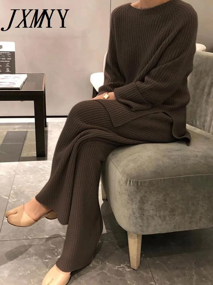 JXMYY 2022 New Fashion Winter Women's Thicken Warm Knitted Pullover Sweater Two-Piece Suits +High Waist Loose Wide Leg Pants Set