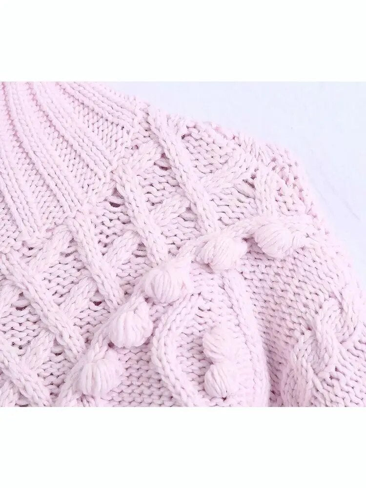 New Fall Winter Women Knit Sweater High Neck Pompom Warm Thicken Chic Pink Women Sweaters Casual Fashion Pullover Tops