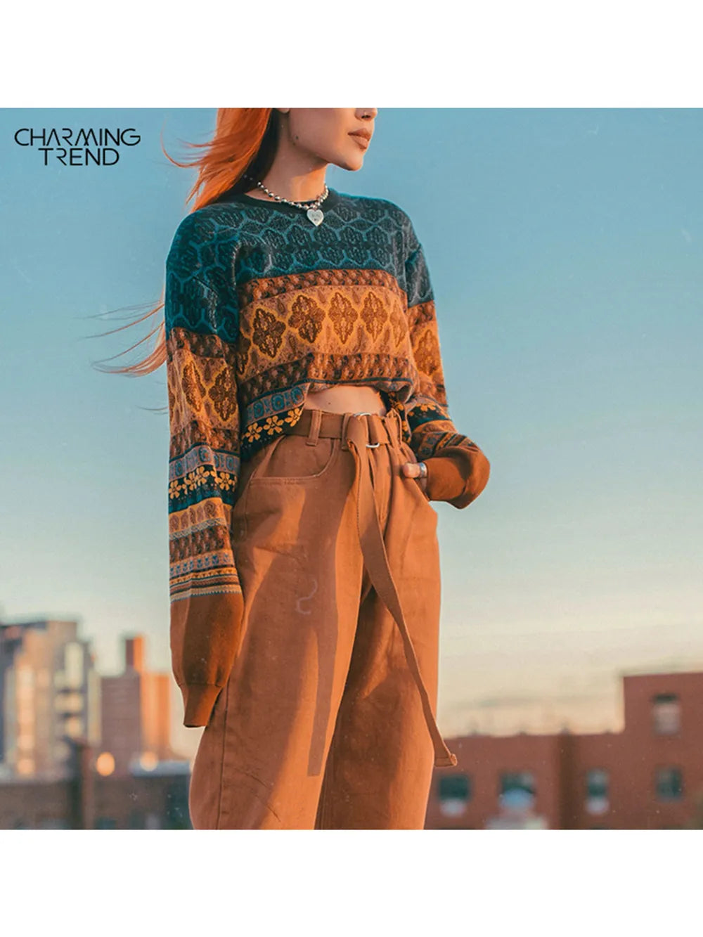 Chritmas Sweaters For Women Retro Chic Splicing Color Hoodies Young Girls Winter Crop Tops Knitted Short Female Sweater