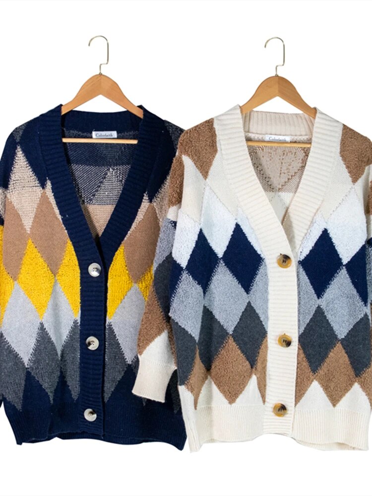 Colorfaith 2022 Plaid Chic Cardigans Button Puff Sleeve Checkered Oversized Women's Sweaters Winter Spring Sweater Tops SW658