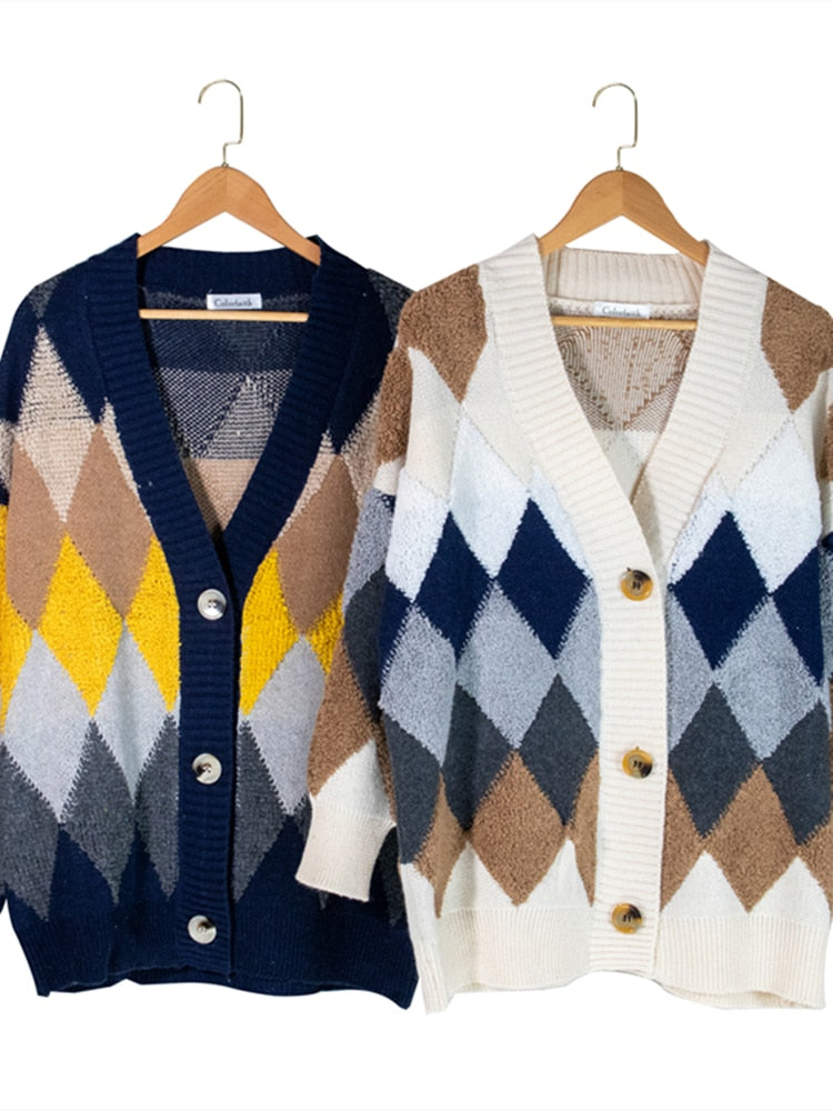 Colorfaith 2022 Plaid Chic Cardigans Button Puff Sleeve Checkered Oversized Women's Sweaters Winter Spring Sweater Tops SW658