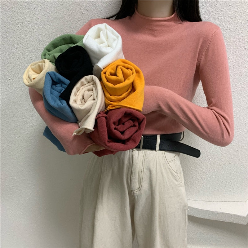 Solid Half Turtleneck Knitted Pullovers Sweaters Women Autumn Winter Primer Shirt Long Sleeve Slim-fit tight Jumper Tops