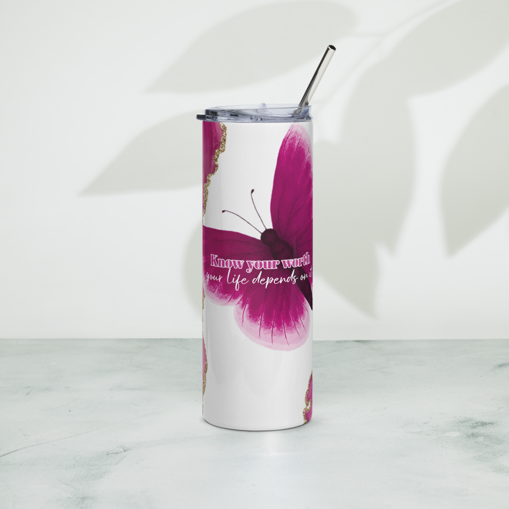 Stainless Steel Tumbler - Pink and Glitter Gold - KNOW YOUR WORTH