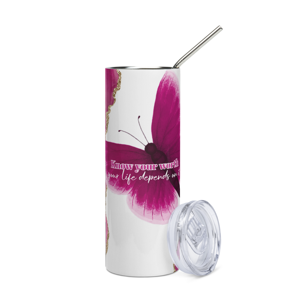 Stainless Steel Tumbler - Pink and Glitter Gold - KNOW YOUR WORTH