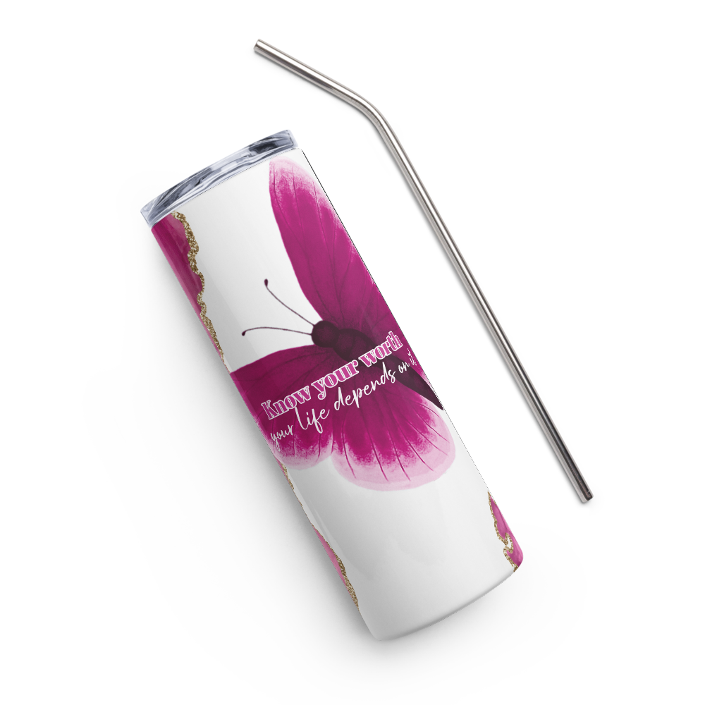 Stainless Steel Tumbler - Pink and Glitter Gold - KNOW YOUR WORTH