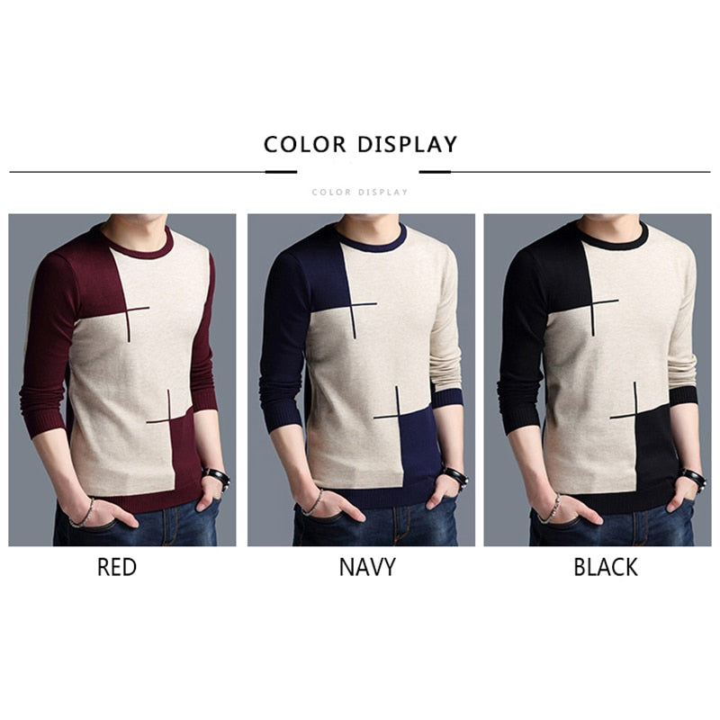 BROWON Men Brand Sweater Spring Autumn Men's Long-sleeved Sweate O-neck Edited Knit Shirt Thin Hit-colored Slim Sweaters Men