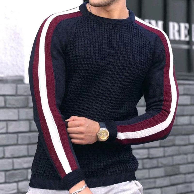 Spring Autumn Fashion Striped Patchwork Sweater Men Casual Long Sleeve Waffed Knitting Tops Mens Trend Slim Sweaters Streetwear