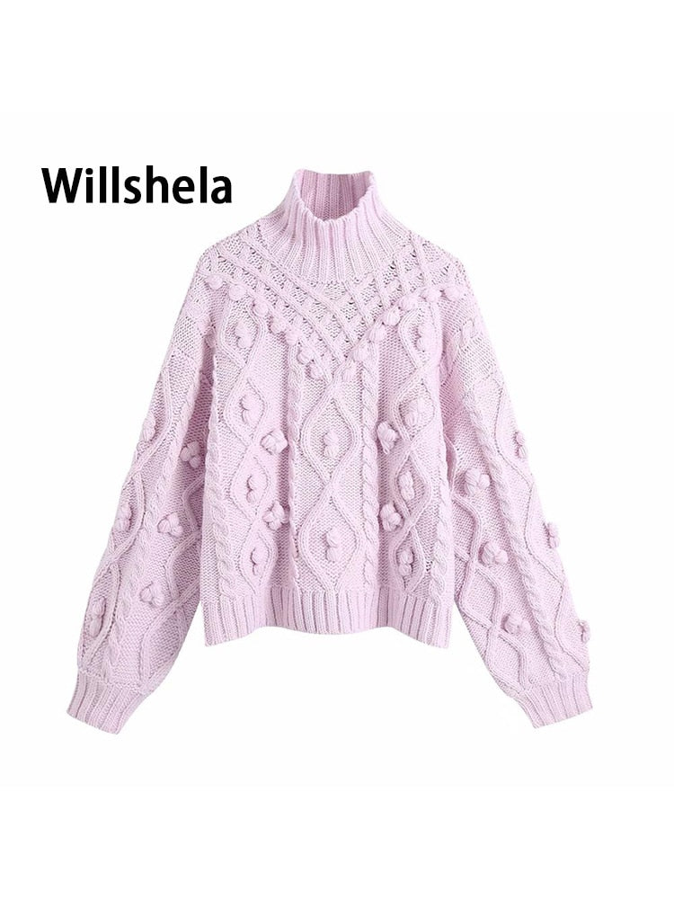 New Fall Winter Women Knit Sweater High Neck Pompom Warm Thicken Chic Pink Women Sweaters Casual Fashion Pullover Tops