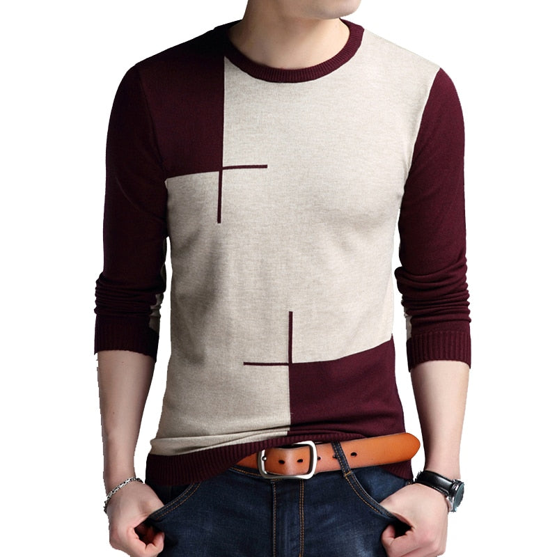 BROWON Men Brand Sweater Spring Autumn Men's Long-sleeved Sweate O-neck Edited Knit Shirt Thin Hit-colored Slim Sweaters Men