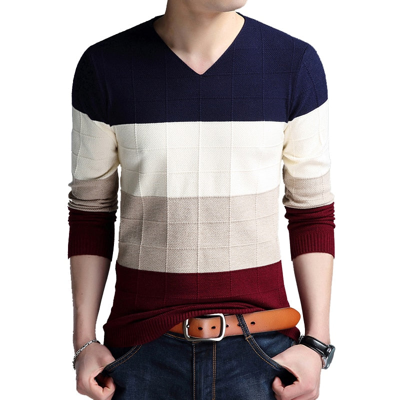 TFETTERS Brand-sweater Autumn Men's Long Sleeve T-shirt New V-neck Slim Sweaters Knitted Striped Bottom Shirt Large Size M-4XL