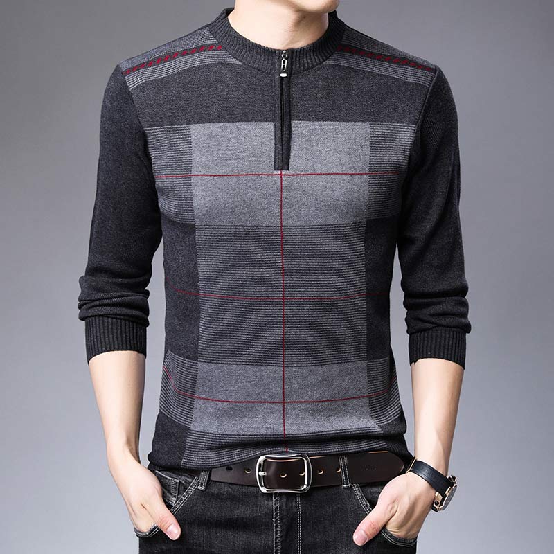 Men's Striped Plaid Top Zipper Sweater