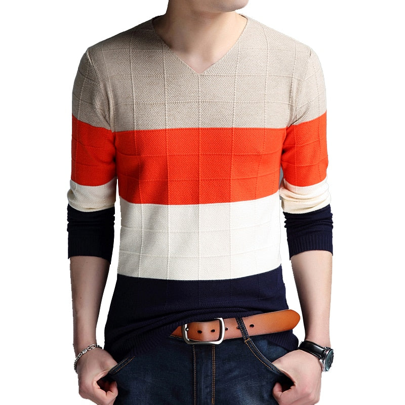 TFETTERS Brand-sweater Autumn Men's Long Sleeve T-shirt New V-neck Slim Sweaters Knitted Striped Bottom Shirt Large Size M-4XL