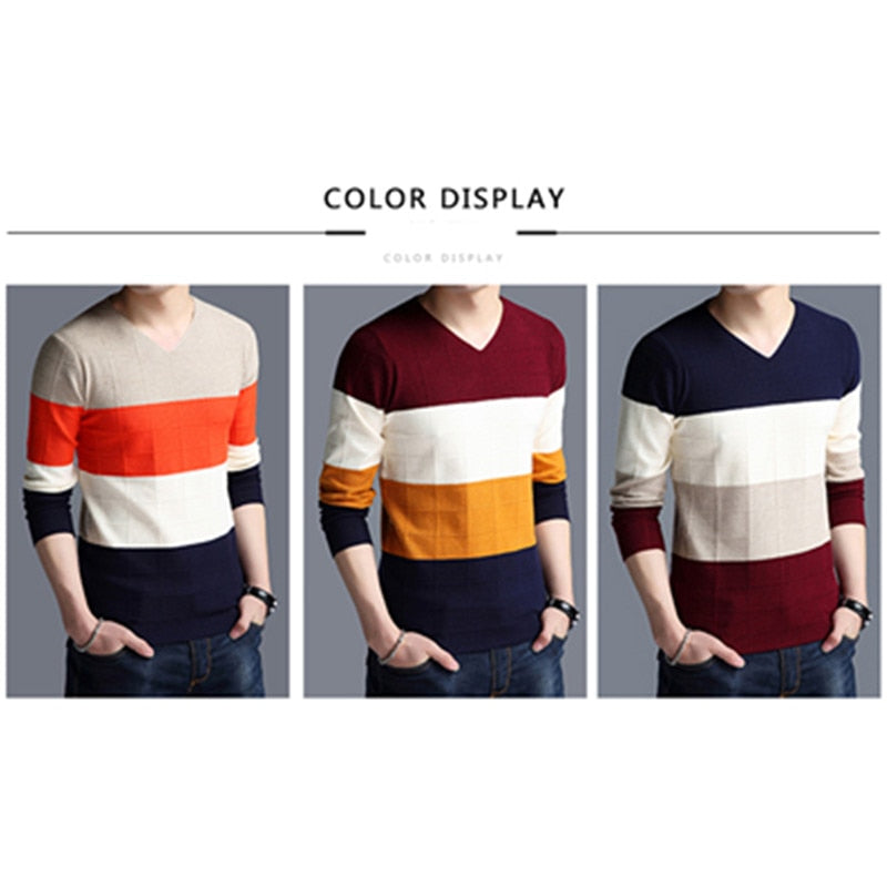 TFETTERS Brand-sweater Autumn Men's Long Sleeve T-shirt New V-neck Slim Sweaters Knitted Striped Bottom Shirt Large Size M-4XL