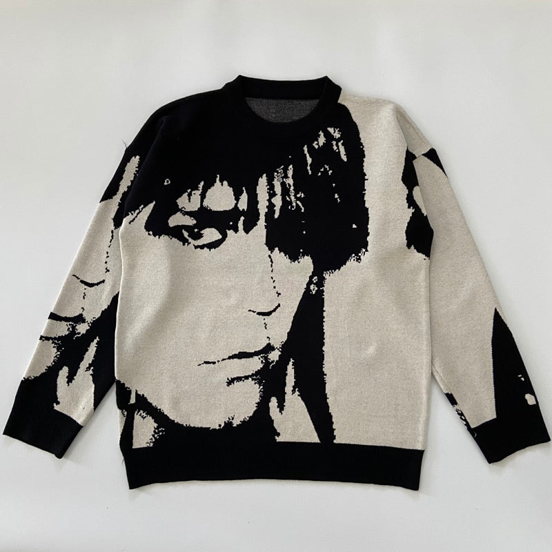 Men's Streetwear Vintage Retro Japanese Style Anime Portrait Sweater