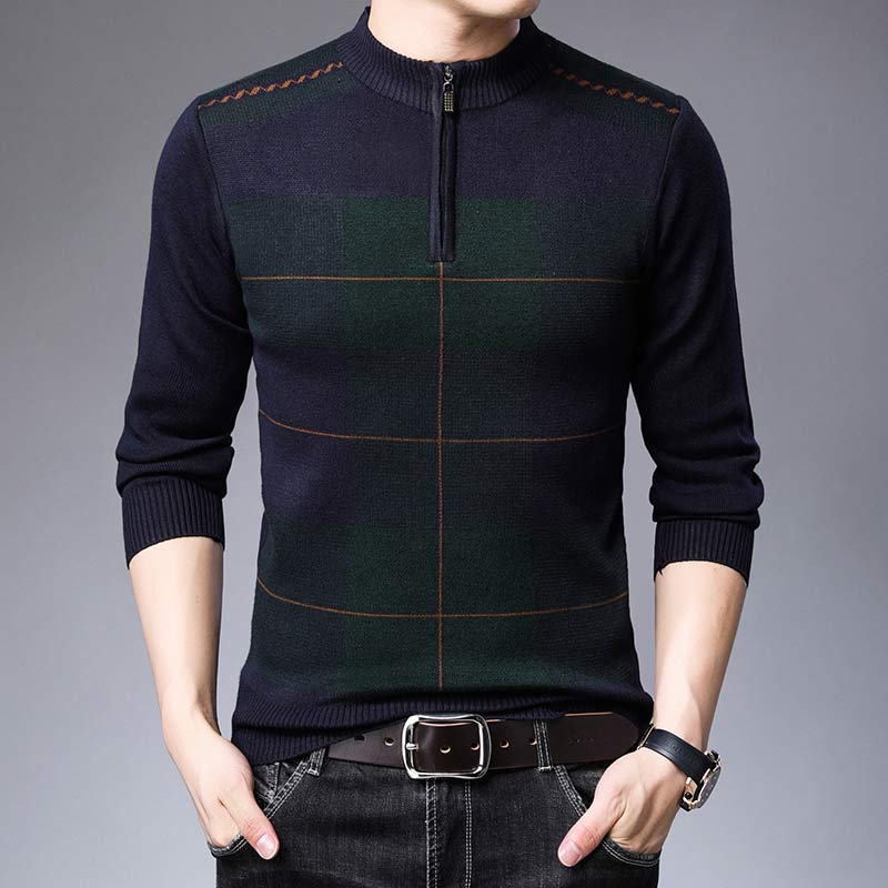 Men's Striped Plaid Top Zipper Sweater