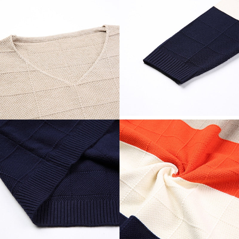 TFETTERS Brand-sweater Autumn Men's Long Sleeve T-shirt New V-neck Slim Sweaters Knitted Striped Bottom Shirt Large Size M-4XL
