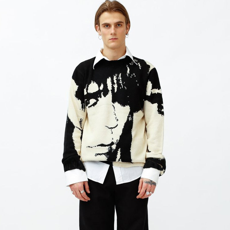 Men's Streetwear Vintage Retro Japanese Style Anime Portrait Sweater
