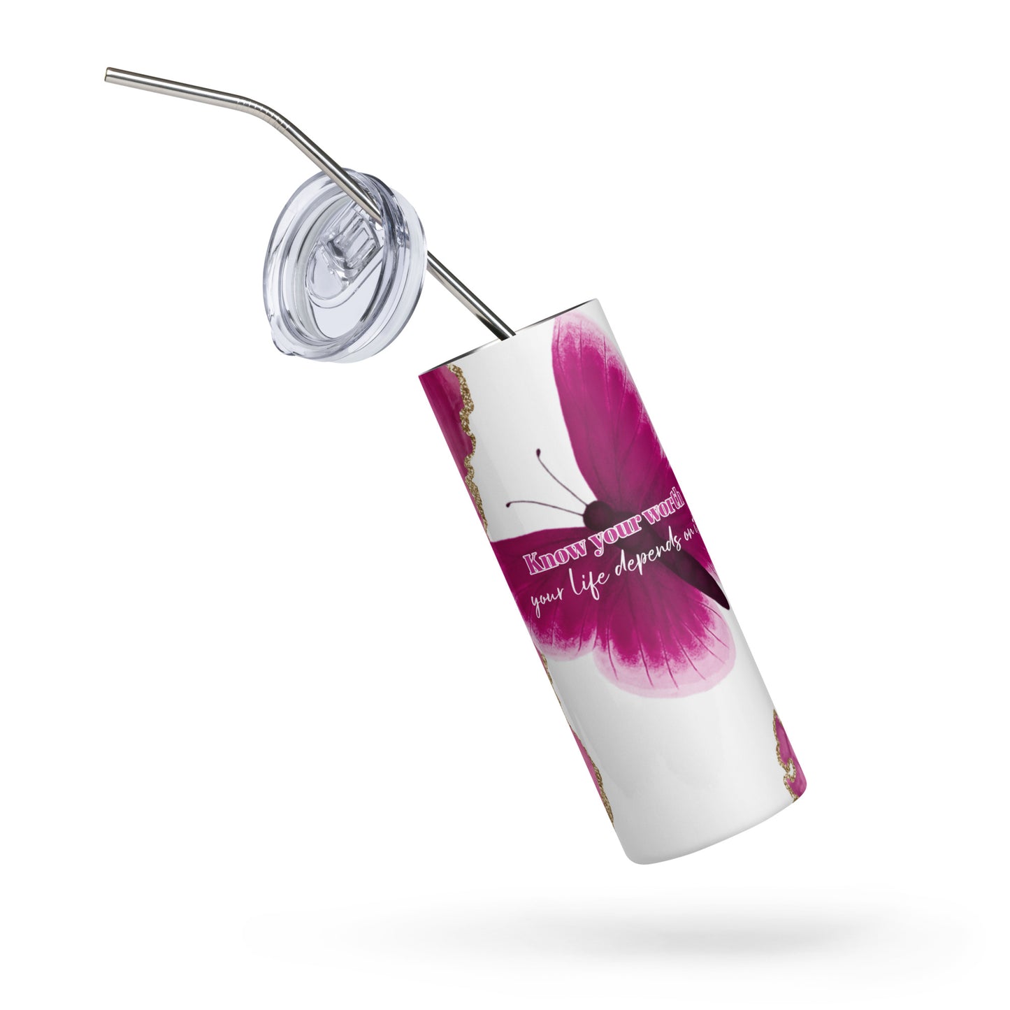 Stainless Steel Tumbler - Pink and Glitter Gold - KNOW YOUR WORTH