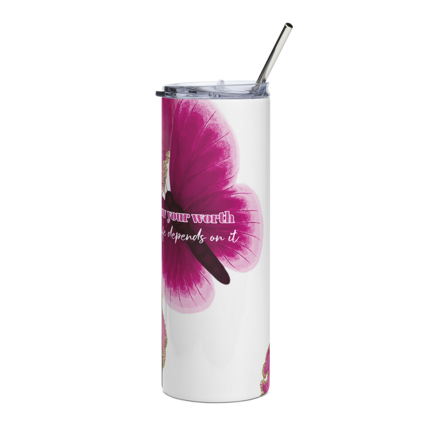 Stainless Steel Tumbler - Pink and Glitter Gold - KNOW YOUR WORTH