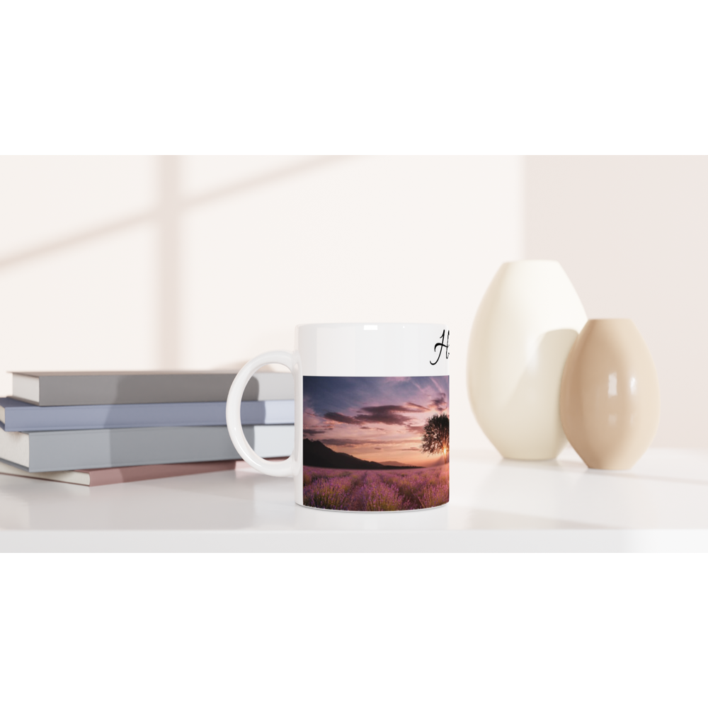White 11oz Ceramic Mug - Text on the top and image on the bottom - Image and/or text can be positioned left, right or centered