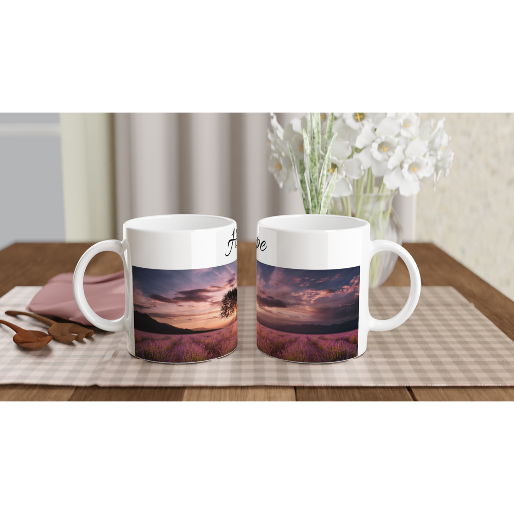 White 11oz Ceramic Mug - Text on the top and image on the bottom - Image and/or text can be positioned left, right or centered