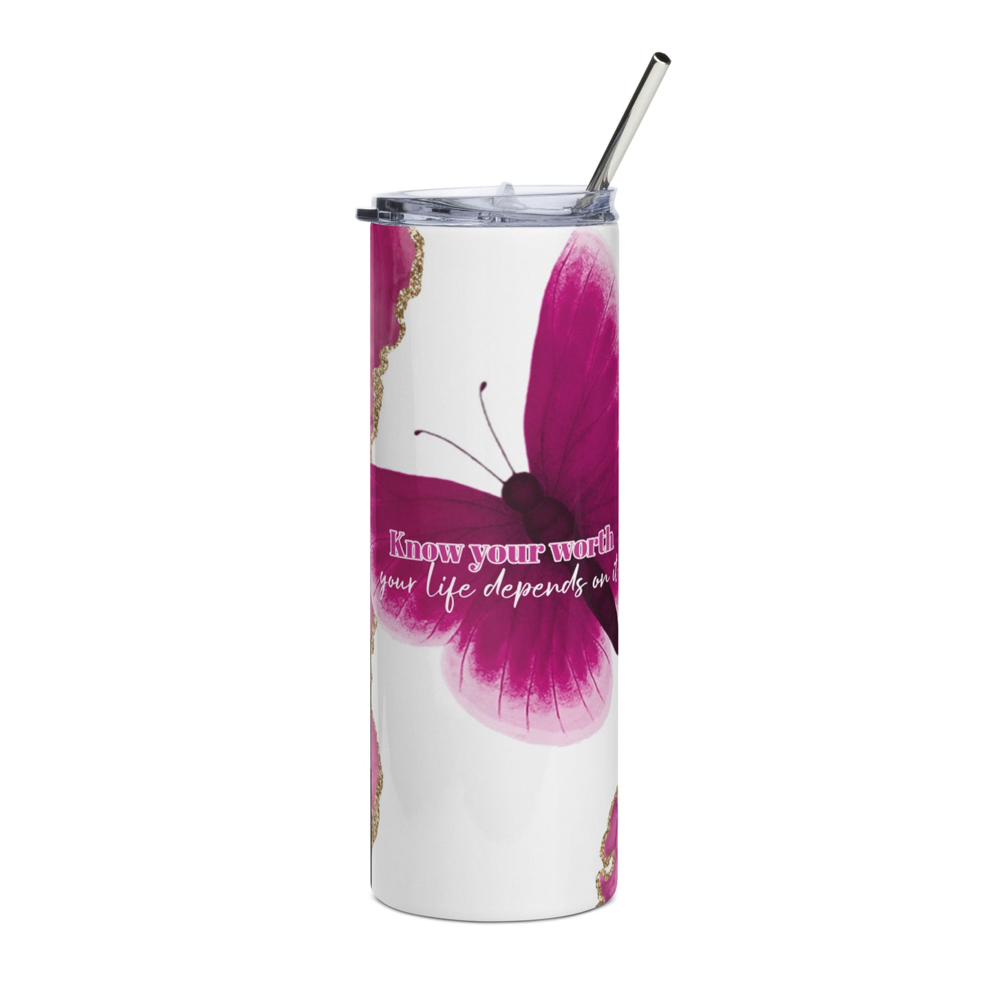 Stainless Steel Tumbler - Pink and Glitter Gold - KNOW YOUR WORTH