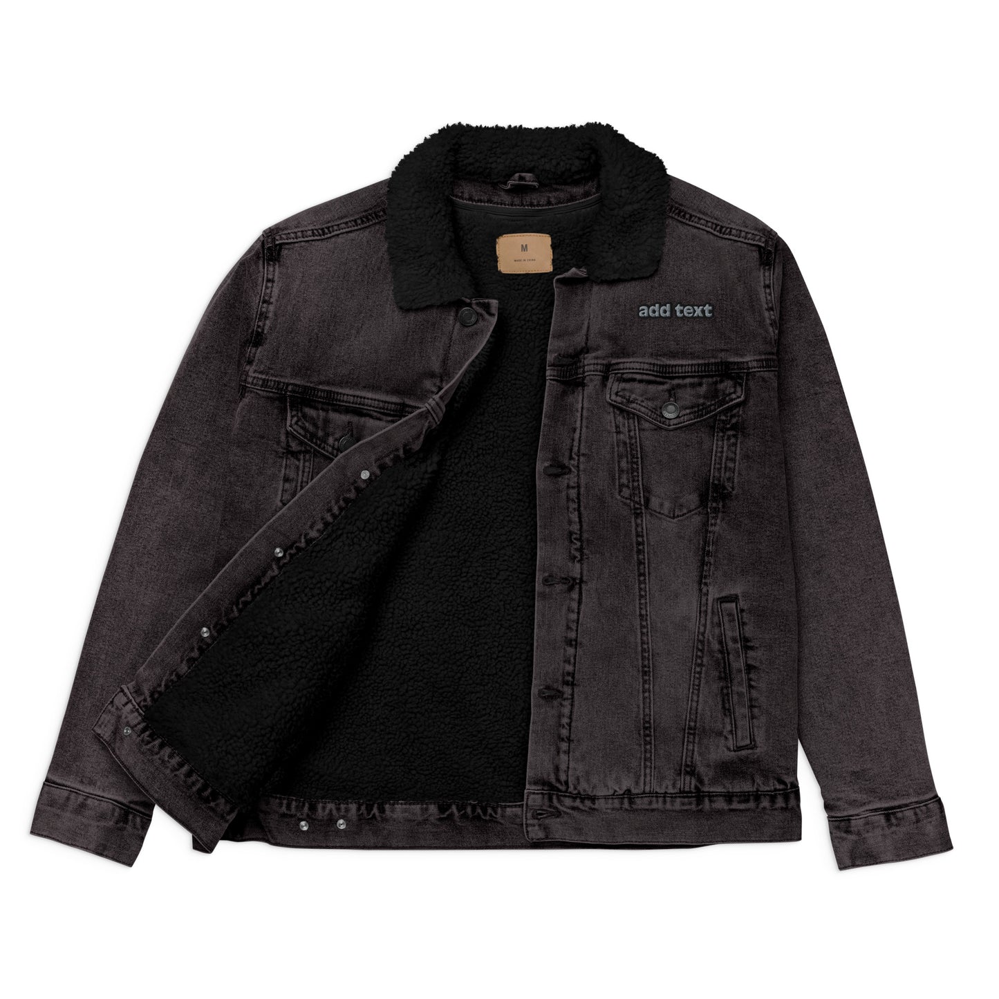 Denim Sherpa Jacket - Embroidered Customizable - Gray Text-Black Outline - Unisex