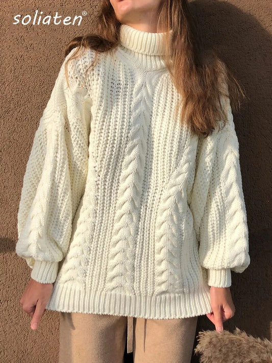 Women Turtleneck Sweaters High Quality Autumn Winter 2022 Pull Jumpers European Twist Lantern Sleeve Oversized Sweater C-141