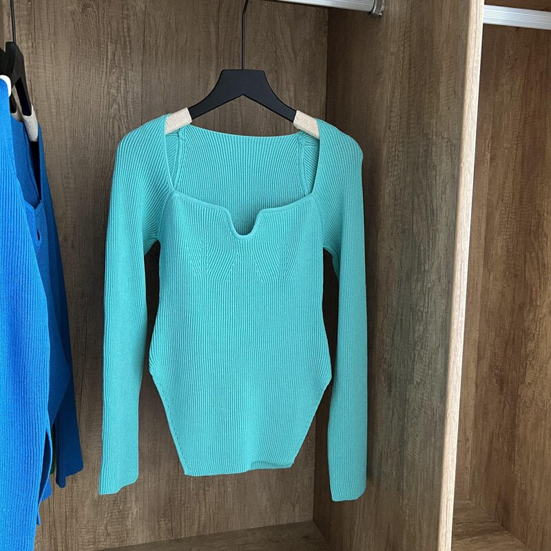 Square Collar Long Sleeve Woman Sweaters Knitted Pullover Women Spring Autumn Sweater Winter Tops For Women Black White Jumper