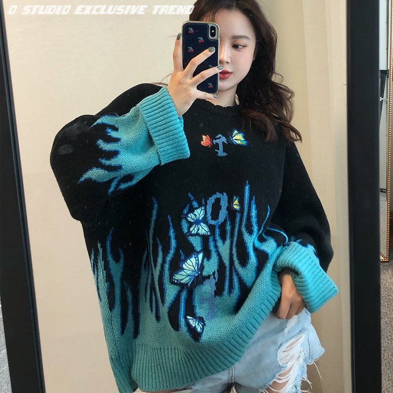 Vintage Flame Sweater Women Kpop Harajuku Knitted Pullover Sweaters for Woman 2020 Winter Warm Oversize Casual Men Female Jumper