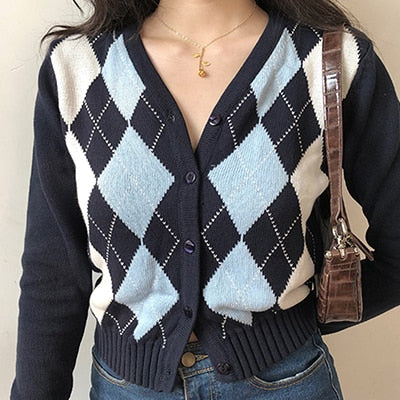 Vintage V-Neck Plaid Long Sleeve Women Sweater 2022 Autumn Winter Short Knitted Cardigan Sweaters Womes England Style Tops