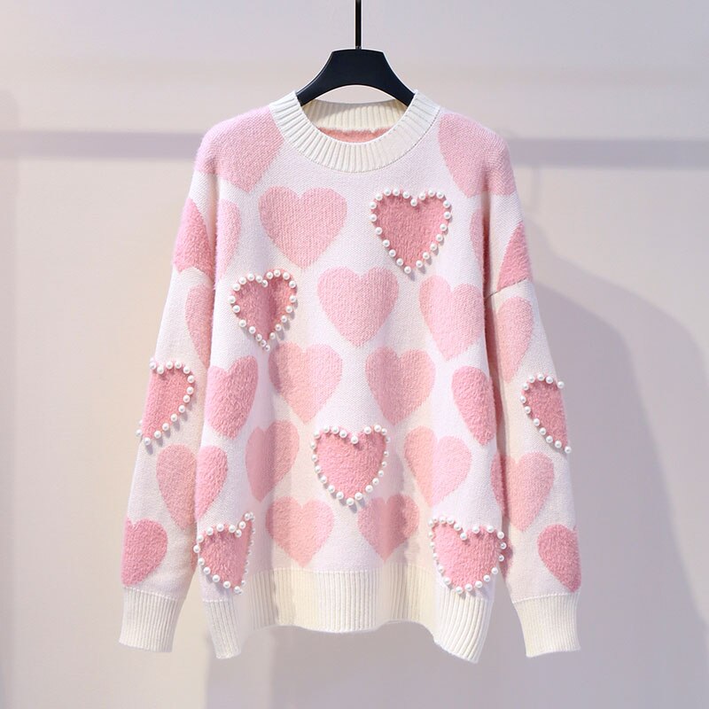 H.SA Women Knitted Sweater and Pullovers Oneck Pearls Beading Sweaters Sweet Heart Pull Jumpers Long Sleeve Kawaii Pull Femme