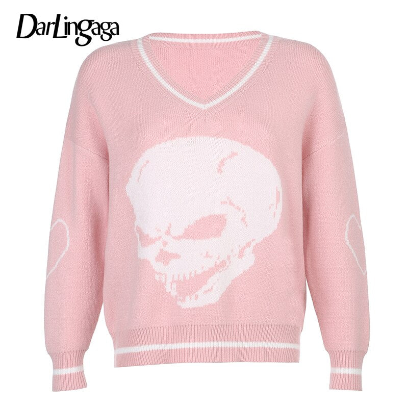 Darlingaga Harajuku Skull Print Y2K Loose Autumn Winter Sweater Women Pullovers Casual Knitwear Jumpers 2020 Korean Sweaters New